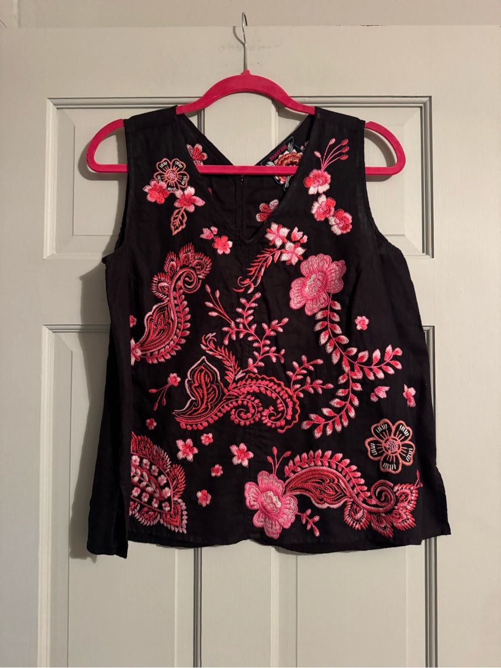 Johnny Was Black Tank Top with Pink Floral Embroidery